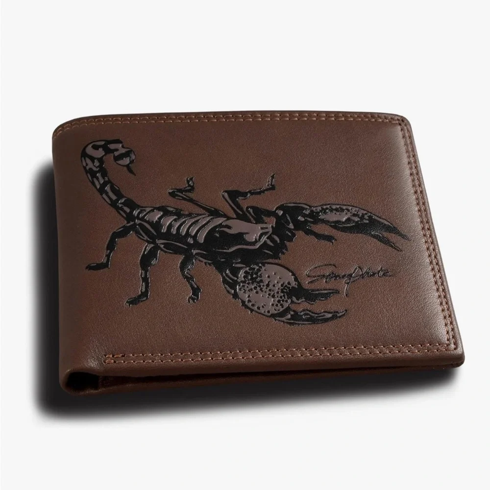 NEW $33 skneephate 100% Genuine Leather Men's Bifold Scorpion Wallet in 'coffee'